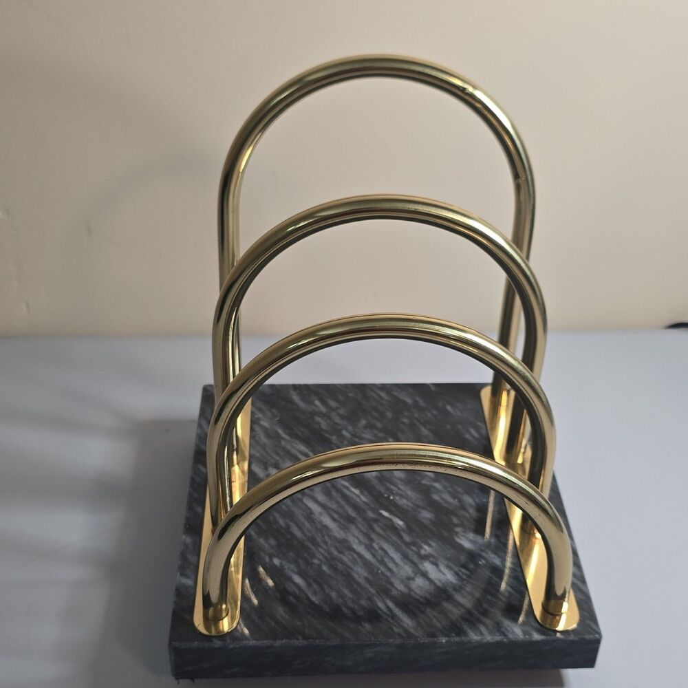 Vtg Heavy Marble Brass Arch Letter Holder Mail Organizer Sorter MCM Style Desk